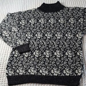 Spirit Vintage Wool Blend Black and White And Silver Metallic Floral Sweater